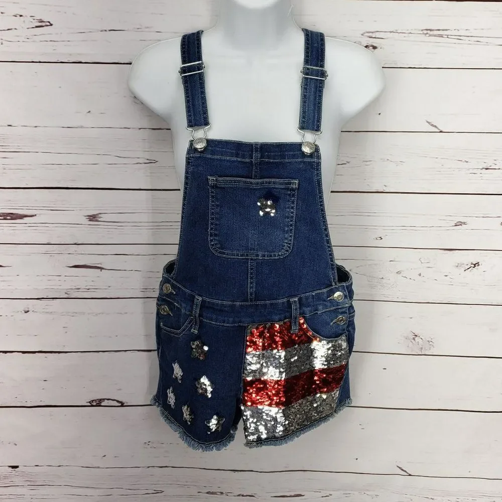 Justice Girl’s Denim Sequin American Flag Summer Shortalls Overalls Size‎ 12